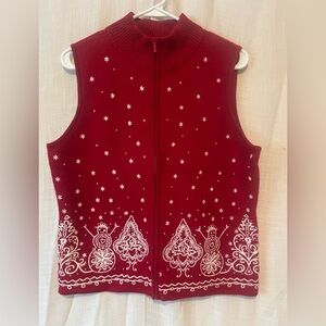 Talbots Merino Wool Holiday Sweater Vest Snowman Embroidered Red Medium